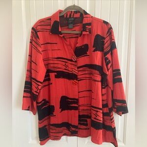 Ali Miles Womens Size XL Fire Orange Abstract Button Down Top Lagenlook Artsy